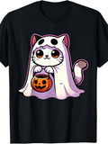 Cute Cartoon Style, Men's And Women's T-Shirt, Cat with Pumpkin Bucket Halloween Design, Halloween Party Autumn Season