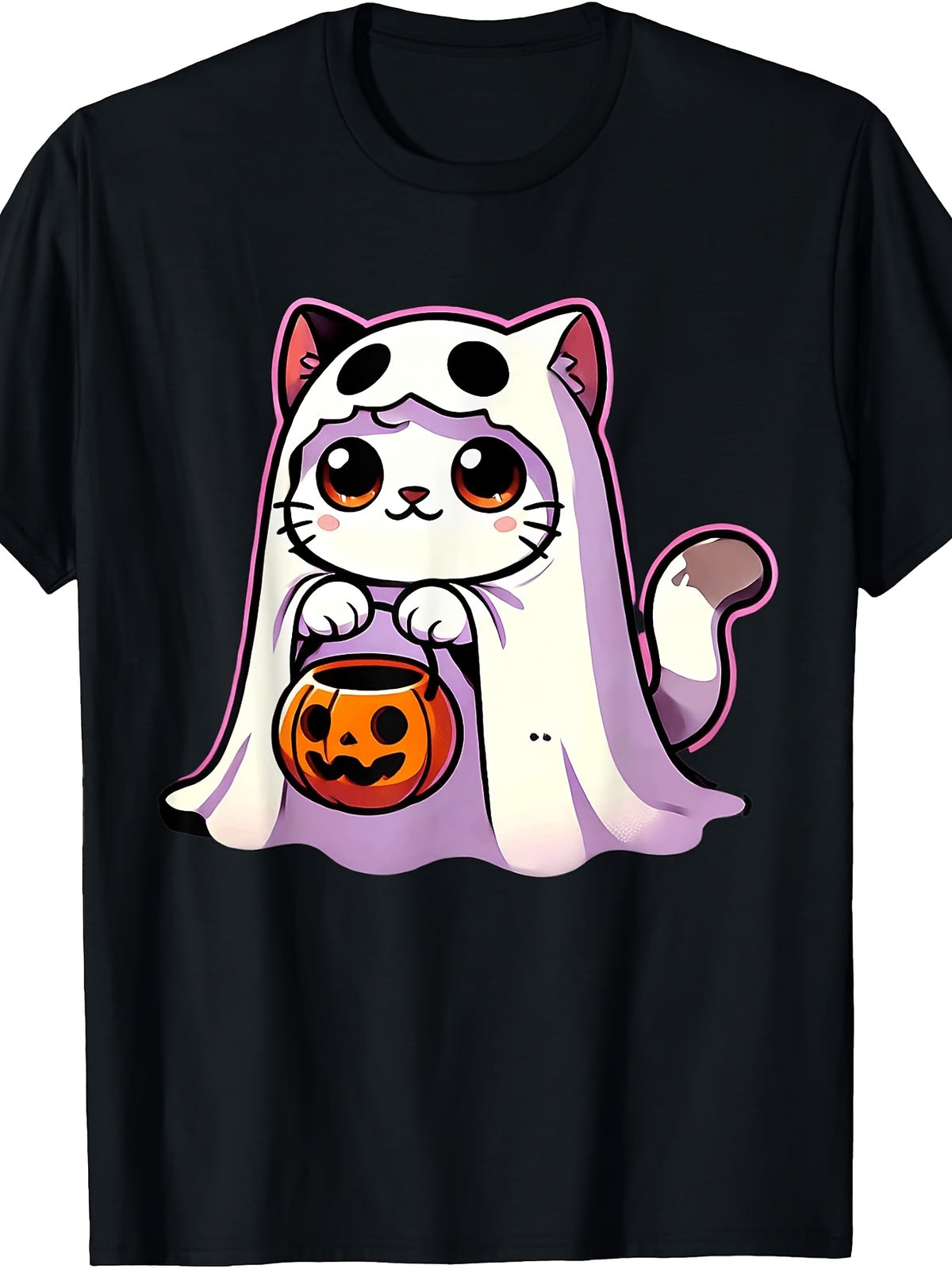 Cute Cartoon Style, Men's And Women's T-Shirt, Cat with Pumpkin Bucket Halloween Design, Halloween Party Autumn Season