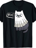 Cute Cartoon Style, Men'S And Women'S T-Shirt, Funny Cat Dressed As Ghost Saying Boo, Halloween Party Fall Season