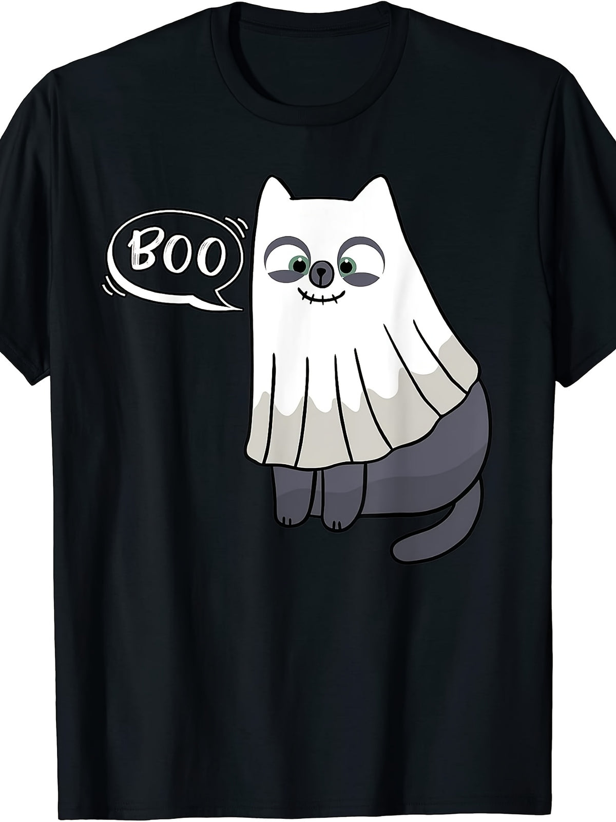Cute Cartoon Style, Men'S And Women'S T-Shirt, Funny Cat Dressed As Ghost Saying Boo, Halloween Party Fall Season
