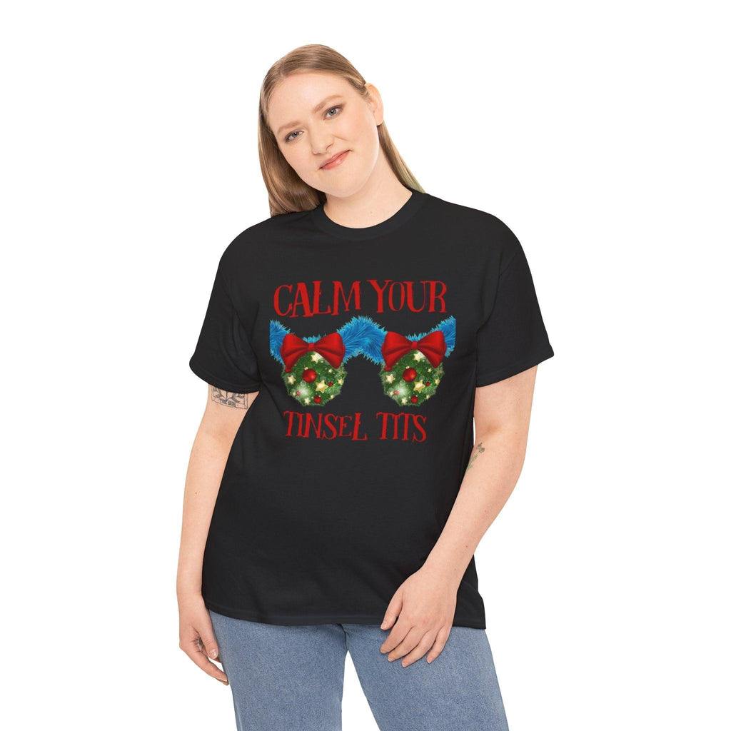 Calm Your Tinsel Tits Tee | Christmas wreath bra graphic tee