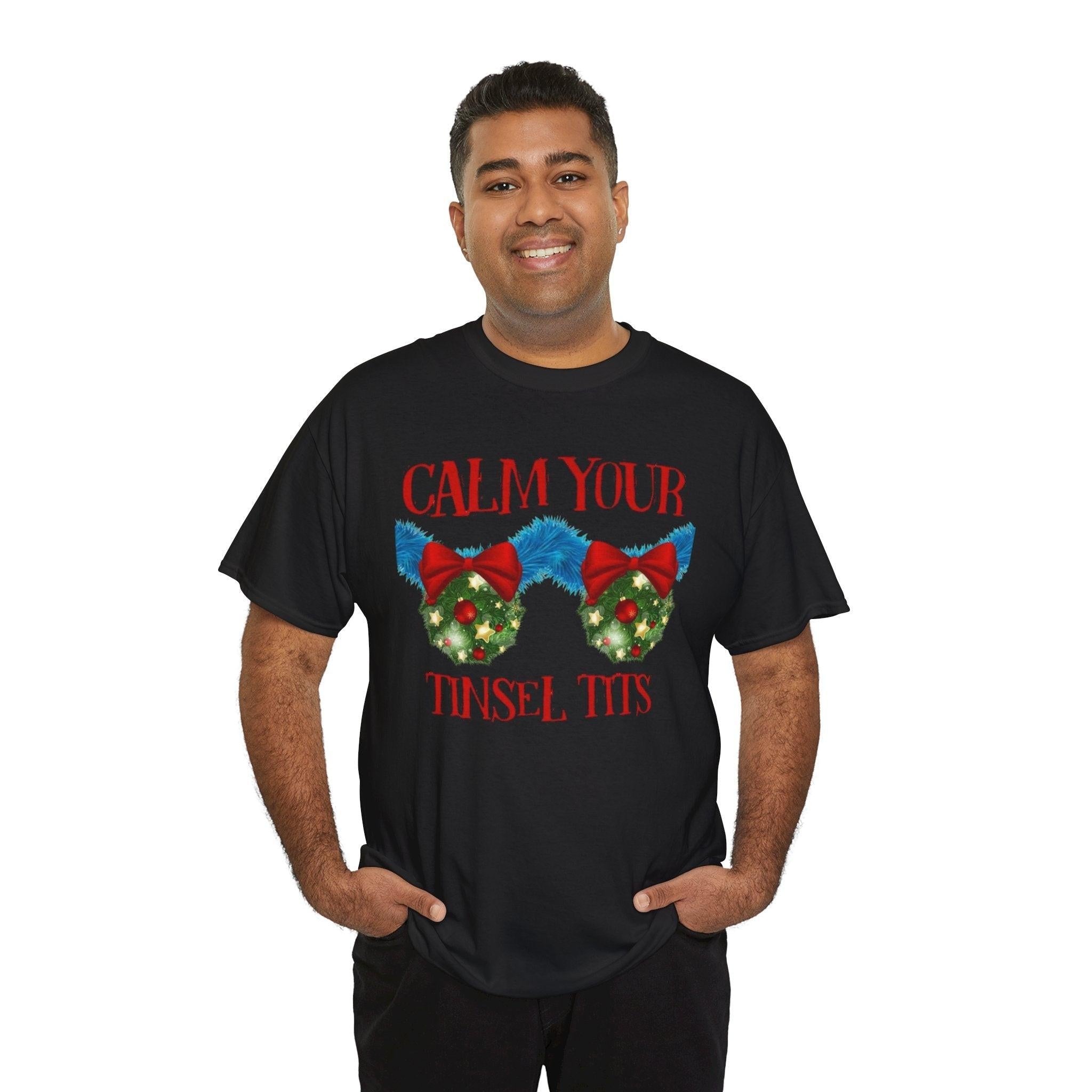 Calm Your Tinsel Tits Tee | Christmas wreath bra graphic tee