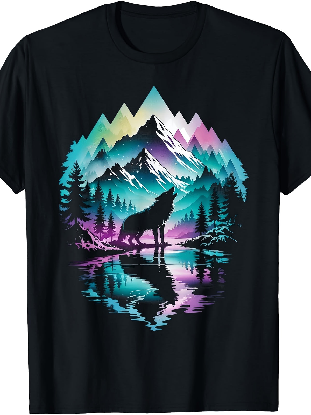 Men'S And Women'S T-Shirt, Retro Vintage Style, Howling Wolf Mountain Forest Lake Reflection Graphic, Outdoor Camping Hiking Summer Spring Fall
