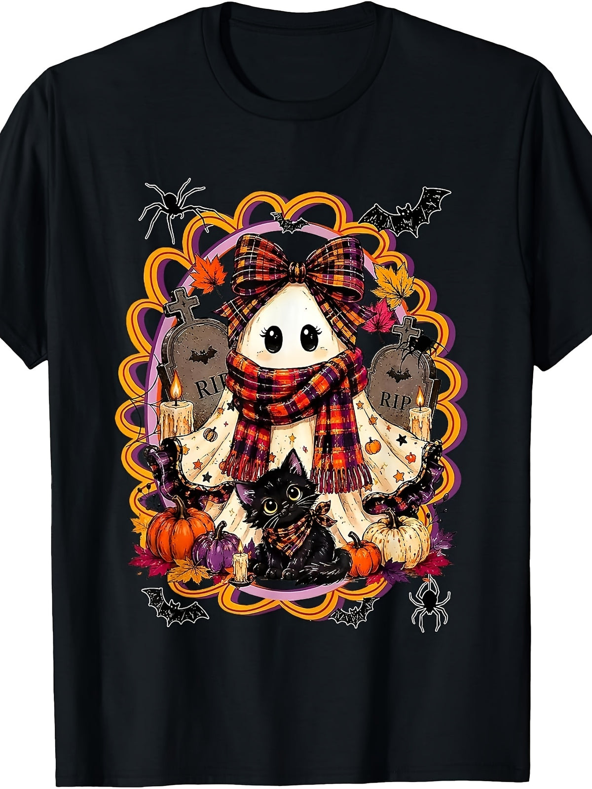 Cute Halloween Ghost And Black Cat Plaid Bow Scarf Graveyard Pumpkin Autumn Festival Men'S And Women'S T-Shirt