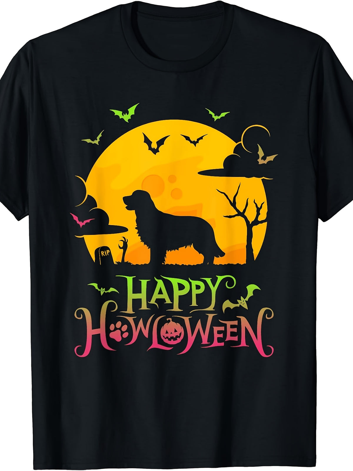 Men'S And Women'S T-Shirt, Halloween Theme with Dog Silhouette And Bats, Autumn Season