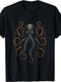 Vintage Style, Men'S And Women'S T-Shirt, Orange And Black Octopus Graphic, Summer Casual Wear