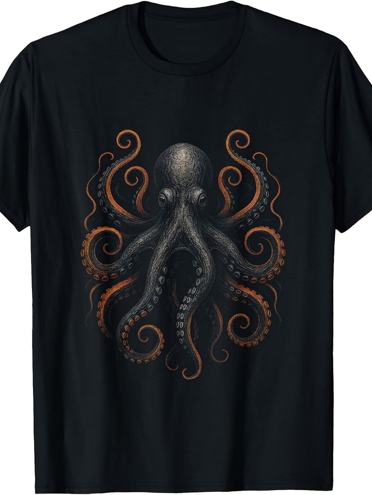 Vintage Style, Men'S And Women'S T-Shirt, Orange And Black Octopus Graphic, Summer Casual Wear