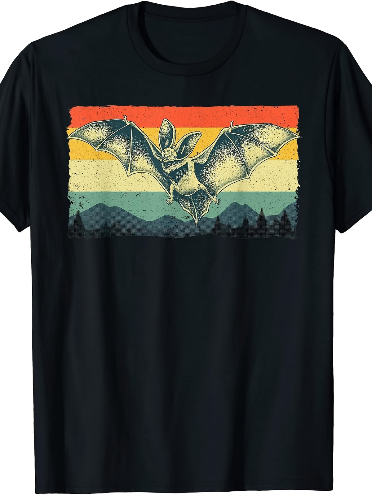 Vintage Retro Style, Men's And Women's T-Shirt, Flying Bat with Rainbow Sunset And Mountain Silhouette Graphic, Halloween Party Or Casual Summer Wear