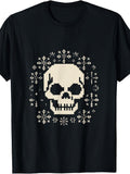 Men's & Women's Retro Pixel Art Skull T-Shirt - Pixelated Snowflake & Skull, Round Neck Regular Fit Casual Wear Suitable for Winter Holiday Christmas Season, Machine Washable Unisex Tee