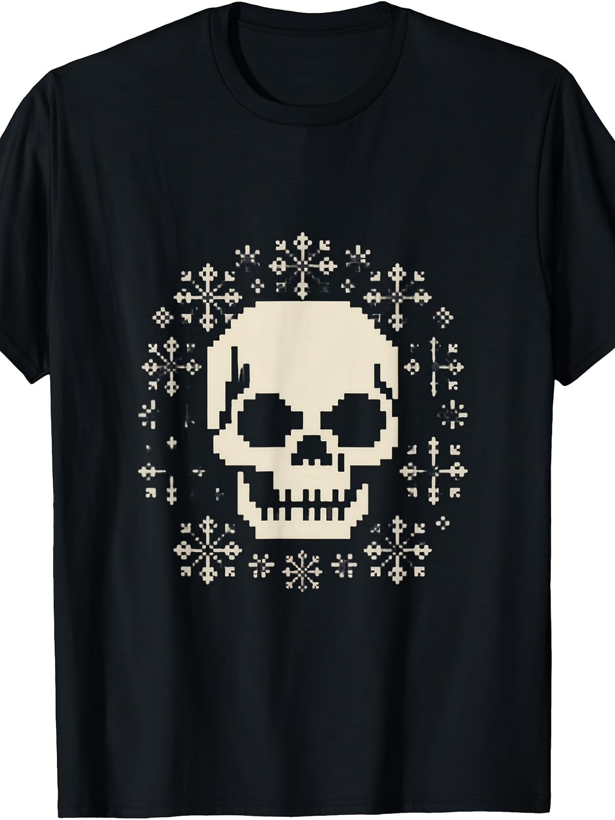 Men's & Women's Retro Pixel Art Skull T-Shirt - Pixelated Snowflake & Skull, Round Neck Regular Fit Casual Wear Suitable for Winter Holiday Christmas Season, Machine Washable Unisex Tee