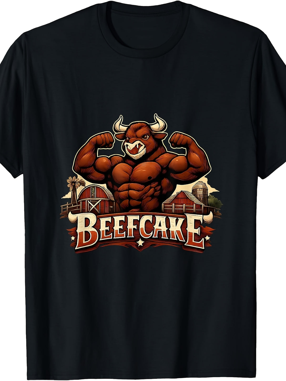 Beefcake Country Farm Pun Cartoon Bull Barn Graphic T-Shirt