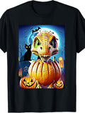 Men's And Women's T-Shirt, Halloween Dinosaur with Pumpkin And Black Cat Design, Autumn Holiday Party Wear