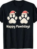 Men's & Women's Retro Pet Lover T-Shirt - Funny Happy Pawlidays Santa Hat Paws Graphic, Suitable for Dog Cat Owners, Holiday Gift for Dog Cat Owners, Machine Washable Casual Apparel for Year-Round Wear