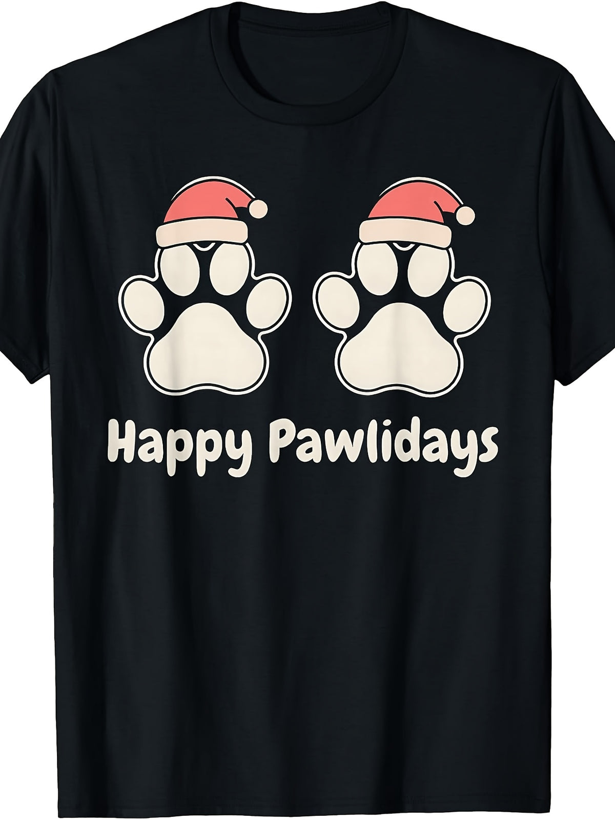 Men's & Women's Retro Pet Lover T-Shirt - Funny Happy Pawlidays Santa Hat Paws Graphic, Suitable for Dog Cat Owners, Holiday Gift for Dog Cat Owners, Machine Washable Casual Apparel for Year-Round Wear