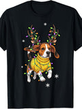 Men's & Women's Retro Beagle Christmas T-Shirt - Funny Beagle with Antlers & Lights, Round Neck Regular Fit Holiday Dog Design, Machine Washable Suitable for -Season Casual Wear and Winter Festive Outfits