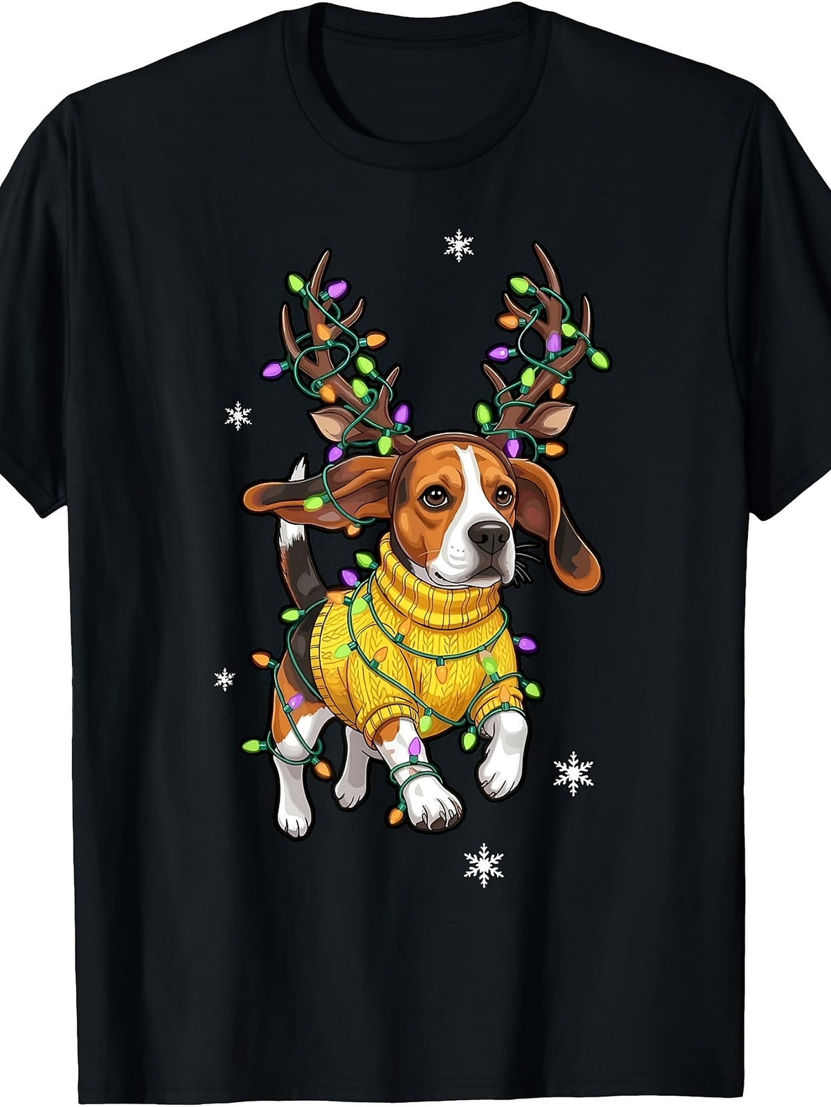 Men's & Women's Retro Beagle Christmas T-Shirt - Funny Beagle with Antlers & Lights, Round Neck Regular Fit Holiday Dog Design, Machine Washable Suitable for -Season Casual Wear and Winter Festive Outfits