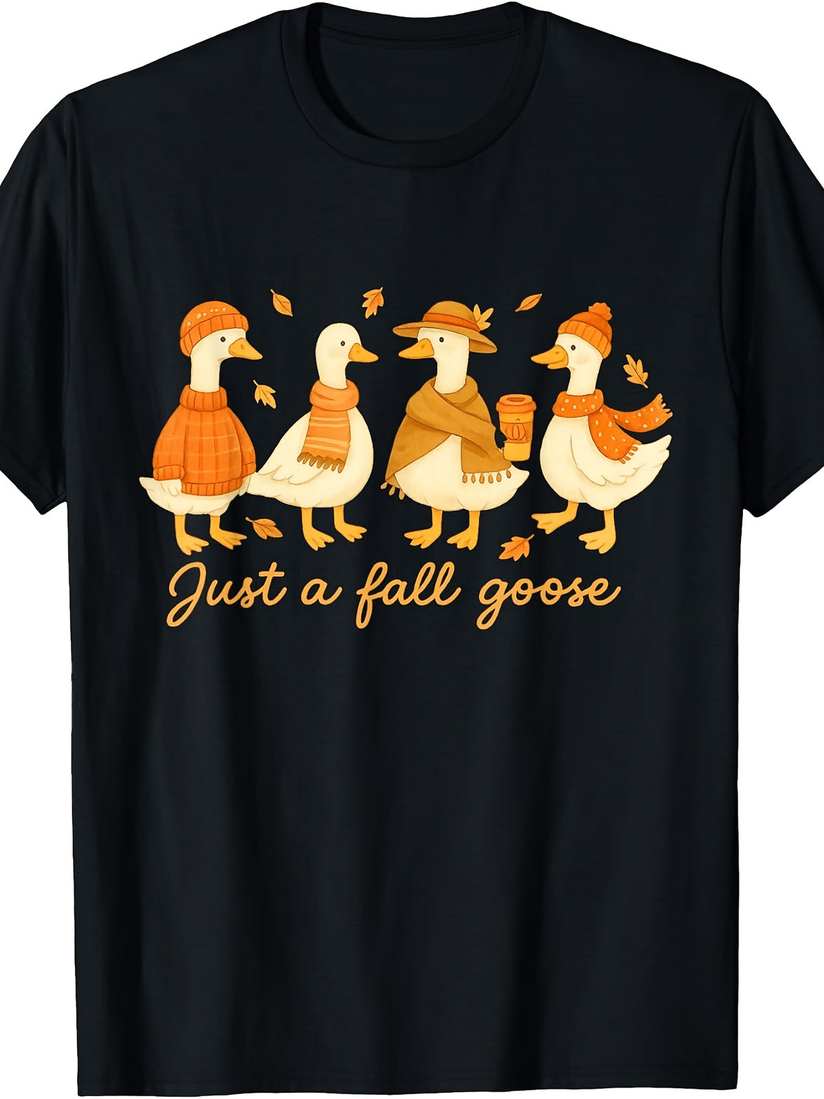 Cute Autumn Style, Men's And Women's T-Shirt, Just A Fall Goose with Scarves And Hats Design, Fall Season Outdoor Casual Wear