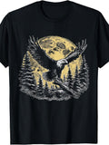 Vintage Graphic Men's And Women's T-Shirt, Eagle Flying In Front Of Moon And Pine Forest Design, Outdoor Adventure Summer Wear