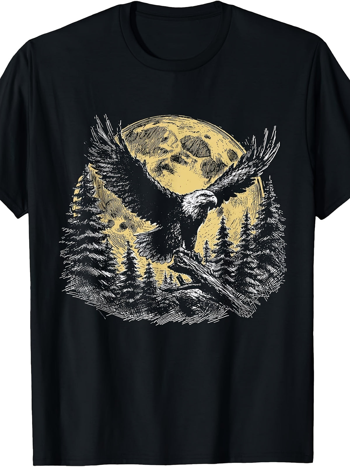 Vintage Graphic Men's And Women's T-Shirt, Eagle Flying In Front Of Moon And Pine Forest Design, Outdoor Adventure Summer Wear