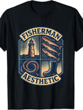 Vintage Retro Style, Men'S And Women'S T-Shirt, Fisherman Aesthetic Lighthouse Fish Rope Boots Graphic, Summer Beach Fishing Outdoor Casual Wear
