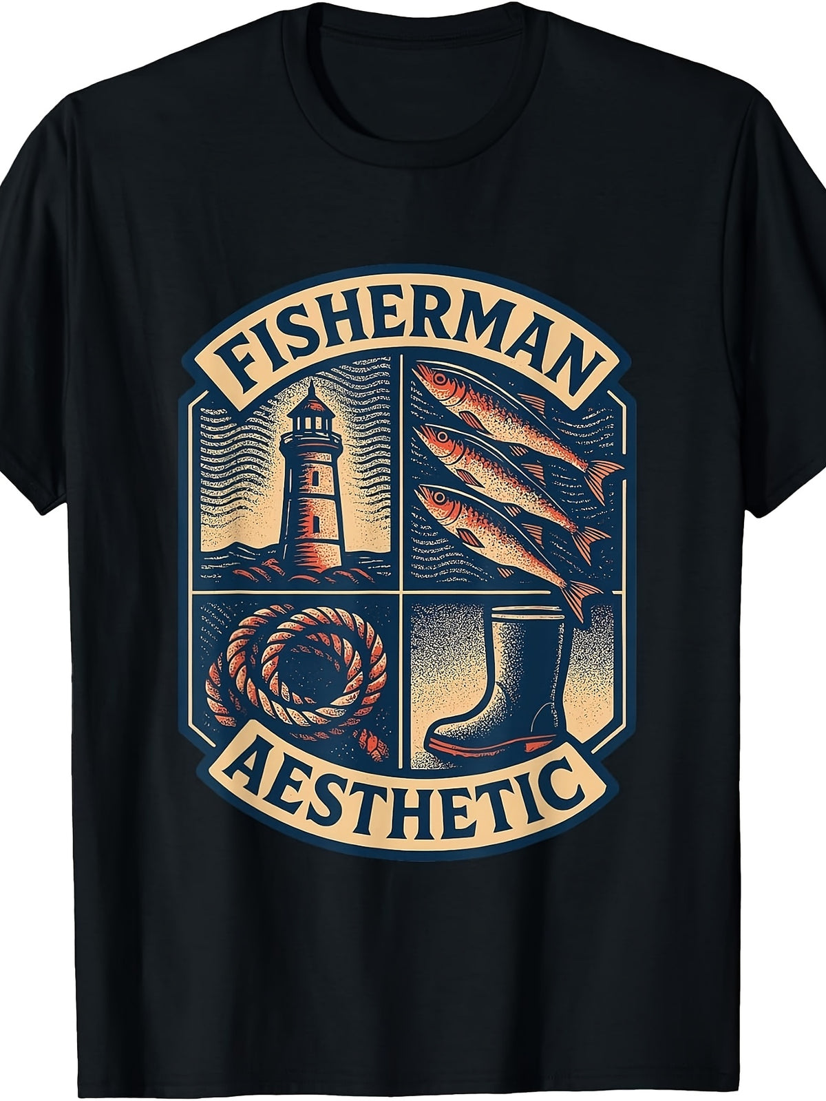 Vintage Retro Style, Men'S And Women'S T-Shirt, Fisherman Aesthetic Lighthouse Fish Rope Boots Graphic, Summer Beach Fishing Outdoor Casual Wear