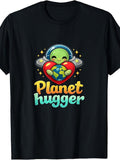 Men's & Women's Retro Alien Hugging Earth Planet T-Shirt - Cute Space-Themed Round Neck Tee with Earth Hugger Graphic, Casual Daily Wear Suitable for Seasons, Machine Washable Apparel