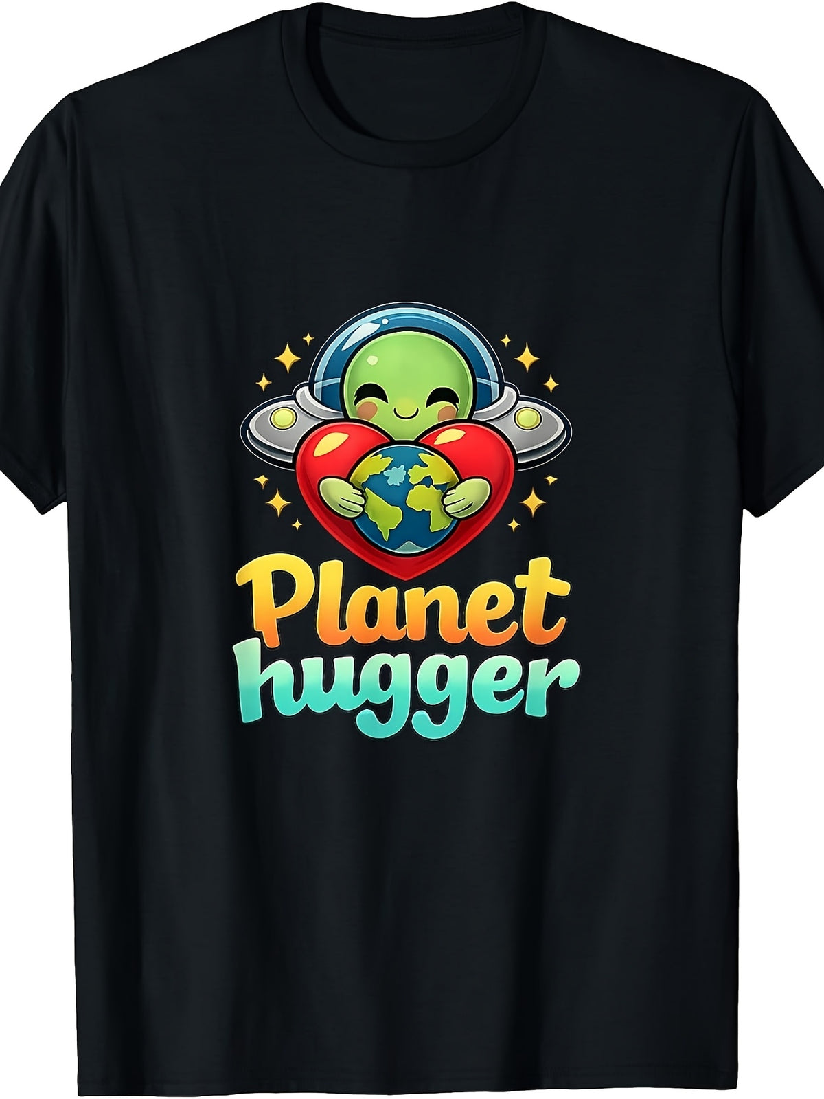 Men's & Women's Retro Alien Hugging Earth Planet T-Shirt - Cute Space-Themed Round Neck Tee with Earth Hugger Graphic, Casual Daily Wear Suitable for Seasons, Machine Washable Apparel
